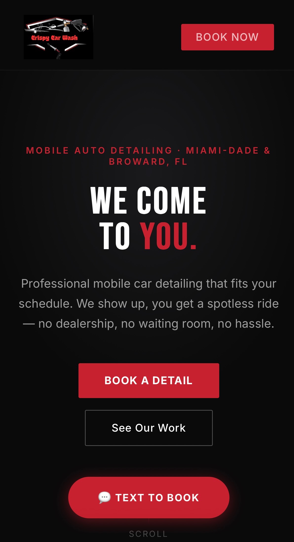 Crispy Car Wash homepage showing 'We Come To You' hero section